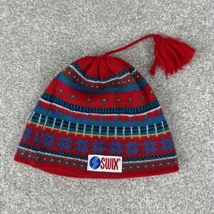 Vintage Swix Ski Hat Red Fair Isle Wool Blend Knit Beanie Tassel Made in Sweden